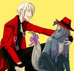  animal arc_system_works blazblue blonde_hair blue_eyes hat hazama ribbon simple_background smile tail valkenhayn_r_hellsing werewolf wolf yuuki_terumi 