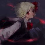  74_(teduka) black_dress blonde_hair darkness dress hair_ribbon highres outstretched_arms red_eyes ribbon rumia shirt short_hair solo touhou traditional_media 
