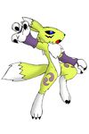  black_sclera blue_eyes canine chibi claws digimon facial_markings female fox fur gloves mammal markings neck_ruff open_mouth plain_background reagan700 renamon solo tail teeth tooth white white_background white_fur yellow yellow_fur 