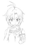  :t ahoge banned_artist cup eating food greyscale hamburger idolmaster idolmaster_(classic) kikuchi_makoto lineart monochrome nigiriushi short_hair solo upper_body 