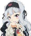  cosplay dress face gothic_lolita hair_ribbon hairband hand_on_own_chin idolmaster idolmaster_(classic) lolita_fashion look-alike open_mouth red_eyes ribbon rozen_maiden shijou_takane silver_hair solo suigintou suigintou_(cosplay) umanosuke yakult 