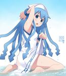  barefoot blue_eyes blue_hair dress english hat ikamusume long_hair looking_back maruto! shinryaku!_ikamusume sitting solo tentacle_hair wariza 