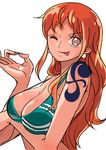  ;p bad_id bad_pixiv_id bare_shoulders bikini_top breasts cleavage earrings jewelry large_breasts long_hair money_gesture nami_(one_piece) nekogasuki one_eye_closed one_piece orange_hair solo tattoo tongue tongue_out 