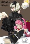  @_@ black_nails blonde_hair bob_cut book cup duplicate elbow_gloves gloves gothic_lolita hairband hououji_arashi kof:_maximum_impact lolita_fashion lowres magician maximum_impact_ii mignon_beart multiple_girls nail_polish ninon_beart pink_hair reading siblings sisters snk teacup the_king_of_fighters 