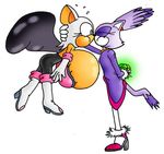  big_breasts blaze_the_cat blue_eyes boots breast_expansion breasts cat chaos_emerald couple eyes_closed feline female hair high_heels huge_breasts inflation kissing lesbian mammal milkybody plain_background ponytail purple purple_body purple_clothing purple_hair rouge_the_bat sega sonic_(series) white white_background white_body wing_inflation 