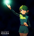  arm_up belt black_background blue_eyes green_hair green_hairband groin hairband light light_smile long_sleeves outstretched_arm pointy_ears saria short_hair shorts simple_background solo standing tem_(artist) the_legend_of_zelda the_legend_of_zelda:_ocarina_of_time triforce tunic turtleneck 