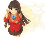  adjusting_eyewear animal animal_on_shoulder bird bird_on_shoulder black_hair blazer eurasian_tree_sparrow foreshortening from_above glasses hirokiku jacket long_hair looking_at_viewer original ribbon school_uniform skirt solo sparrow 