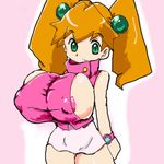  1girl alternate_breast_size areola_slip areolae bangs barapi bare_shoulders breasts bursting_breasts buttons cowboy_shot erect_nipples green_eyes green_hair hair_ornament huge_breasts junmai_karin karin_(medabots) light_smile long_hair looking_at_viewer lowres medabots medarot medarots miniskirt no_bra orange_hair outline pink_background puffy_nipples shirt sideboob simple_background skin_tight skirt sleeveless sleeveless_shirt smile solo standing taut_clothes thick_thighs thighs turtleneck twintails watch wristwatch 