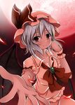  adjusting_hair bat_wings blush brooch full_moon hat hat_ribbon jewelry lavender_hair looking_at_viewer moon outstretched_arm outstretched_hand red red_eyes red_moon remilia_scarlet ribbon short_hair smile solo tera-gateway touhou wings wrist_cuffs 