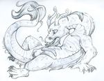  black_and_white chinese_dragon dragon eastern erection greyscale lying male monochrome nipples on_back penis sheath slit solo tongue tongue_out unknown_artist whippetluv 