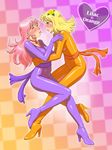  blonde_hair blue_eyes blush bodysuit checkered checkered_background choker closed_eyes earrings flower food fukusuke_hachi-gou gradient gradient_background high_heels highres imminent_kiss jewelry long_hair multiple_girls orange_(color) orange_background orange_bodysuit original pink_hair purple purple_background purple_bodysuit shoes skin_tight yuri 