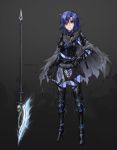  1girl absurdres aesur_a alternate_costume blue_hair bone breastplate cape closed_mouth fire_emblem fire_emblem:_monshou_no_nazo fire_emblem_heroes frown full_body greaves grey_background hair_over_one_eye headband highres katua lance nintendo polearm see-through short_hair simple_background skeleton skirt solo standing torn_cape torn_clothes twitter_username weapon white_headband 