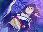  aranye black_hair bubuzuke cherry_blossoms dutch_angle game_cg insect_girl japanese_clothes kimono long_hair long_sleeves mamono_musume-tachi_to_no_rakuen_~kumo_to_tori_to_hitotsume_to~ mamonomusume_to_no_seikatsu monster_girl outdoors red_eyes solo spider_girl 