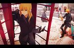  2boys artoria_pendragon_(all) black_gloves black_hair blonde_hair fate/zero fate_(series) formal gilgamesh gloves green_eyes ground_vehicle lancer_(fate/zero) letterboxed map mohi_(neku_re) motor_vehicle motorcycle multiple_boys pant_suit phone_booth ponytail saber scenery suit 