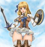  1girl :o aqua_eyes blonde_hair cameltoe long_hair panties pyrrha_alexandra shield skirt solo soulcalibur soulcalibur_v sword thigh_gap thighhighs underwear weapon white_panties 