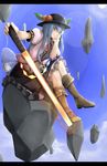  bad_id bad_pixiv_id blouse blue_hair boots bored chin_rest cloud crossed_legs day floating floating_object food food_themed_clothes frills fruit hat hinanawi_tenshi lens_flare letterboxed long_hair looking_at_viewer nakamura_regura peach red_eyes rock sitting skirt sky solo sword sword_of_hisou touhou weapon 