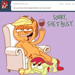  apple_bloom_(mlp) applebloom_(mlp) applejack_(mlp) ask_jappleack ask_twist blonde_hair brown_eyes cowboy_hat cub cutie_mark dialog dialogue english_text equine female feral freckles friendship_is_magic fruit glass green_eyes hair hair_bow hat horse hotdiggedydemon long_hair mammal my_little_pony open_mouth pony ponytail red_hair sad sibling sisters tail text tongue tumblr twist_(mlp) young 