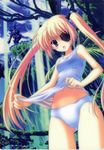  :o blonde_hair blush character_request copyright_request eyepatch highres long_hair nanao_naru nature one-piece_swimsuit open_mouth original outdoors school_swimsuit school_swimsuit_flap solo swimsuit twintails white_school_swimsuit white_swimsuit 