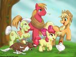  apple_bloom apple_bloom_(mlp) apple_family applejack_(mlp) avian big_macintosh_(mlp) bird blonde_hair brother canine chicken cub cutie_mark dialog dog draft_horse english_text equine eye_contact family female feral friendship_is_magic granddaughter grandmother grandson granny_smith_(mlp) grey_hair hair height_difference horse long_blonde_hair long_hair long_redhead looking_at_each_other male mammal my_little_pony orange_hair pony ponytail sanora sibling siblings sisters size_difference smile talking text winona_(mlp) yoke young 
