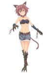  animal_ears belt bra brown_eyes brown_hair cat_ears cat_tail chain claws collar grin highres lingerie momo_no_kanzume navel original short_hair shorts simple_background smile solo tail underwear 