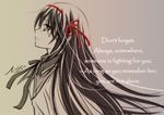  akemi_homura capelet english hair_ribbon long_hair magical_girl mahou_shoujo_madoka_magica profile ribbon signature solo spot_color winniconan 