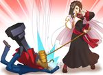  1girl ahoge arm_up black_dress black_hair braid brown_eyes brown_hair capcom cape chess_piece cross-laced_footwear dress faceplant falling fighting_stance frown gavel gloves gyakuten_kenji gyakuten_kenji_2 gyakuten_saiban hair_bun hair_intakes hair_over_one_eye hitting ichiyanagi_yumihiko jacket jacket_on_shoulders long_skirt long_sleeves mikagami_hakari open_mouth pants sash shirataki skirt teeth white_gloves 