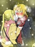  1girl ahoge bad_id bad_pixiv_id blonde_hair blush closed_eyes couple earrings edward_elric fullmetal_alchemist gloves grin hand_on_another's_cheek hand_on_another's_face hetero jewelry long_hair mitsu_yomogi ponytail scarf smile snowing teeth winry_rockbell yellow_eyes 