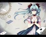  ace aqua_eyes aqua_hair card crying crying_with_eyes_open dress falling_card gears hatsune_miku karakuri_pierrot_(vocaloid) letterboxed long_hair motion_blur omocha-san playing_card sad solo tears twintails vocaloid wallpaper watermark web_address 