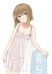  babydoll bare_shoulders bob_cut bra brown_eyes brown_hair chemise hagiwara_yukiho head_tilt ice_(doragon) idolmaster idolmaster_(classic) lingerie panties see-through short_hair smile solo thigh_gap translated underwear 