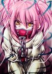  angry bdsm bondage bound bound_wrists chain commentary crossed_arms gag gagged hair_ribbon highres kaname_madoka mahou_shoujo_madoka_magica mask panel_gag pant-3 pink_hair ribbon short_hair short_twintails solo straitjacket tears twintails yellow_eyes 