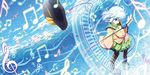  akashio_(loli_ace) arm_up beamed_eighth_notes black_legwear blue_eyes blue_sky cloud eighth_note hat hat_removed hat_ribbon headwear_removed highres komeiji_koishi long_sleeves musical_note open_mouth pantyhose ribbon shirt short_hair silver_hair sixteenth_note skirt sky solo third_eye touhou treble_clef 