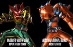  belt claws crossover kamen_rider kamen_rider_fourze kamen_rider_fourze_(series) kamen_rider_ooo kamen_rider_ooo_(series) multiple_boys rocket sukekiyo56 typo 