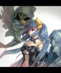  asymmetrical_wings bare_shoulders blue_hair bow breasts choker detached_sleeves dizzy guilty_gear hair_bow long_hair medium_breasts midriff nara_umi navel necro_(guilty_gear) red_eyes ribbon undine_(guilty_gear) wings 