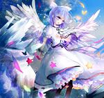  angel_wings bad_id bad_pixiv_id blue_hair bow bug butterfly dress hair_bow insect kazu_(muchuukai) mai_(touhou) purple_eyes ribbon sash short_hair solo star touhou touhou_(pc-98) white_dress wings wrist_ribbon 