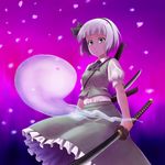  ascot black_hairband cherry_blossoms dual_wielding frills green_eyes grey_hair hairband holding kata-kori katana konpaku_youmu konpaku_youmu_(ghost) raised_eyebrow short_hair skirt solo sword touhou vest weapon 