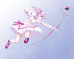  aiming arrow bow_(weapon) character_name copyright_name dancho_(danch) drawing_bow dress flower full_body gloves gradient gradient_background highres holding holding_arrow holding_bow_(weapon) holding_weapon kaname_madoka magical_girl mahou_shoujo_madoka_magica mary_janes outstretched_arm pink_eyes pink_hair shoes socks solo weapon white_gloves white_legwear 
