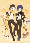  ai-wa bad_id bad_pixiv_id black_hair blue_eyes blue_hair book bread digital_media_player food hair_over_one_eye headphones jack_frost makizushi male_focus melon_bread mochizuki_ryouji multiple_boys nigirizushi persona persona_3 scarf school_uniform smile sushi suspenders takoyaki yuuki_makoto 