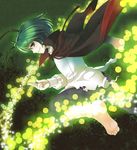  antennae barefoot brown_eyes cape green_hair lights pants shirt short_hair smirk socha solo torn_clothes torn_shirt touhou wriggle_nightbug 