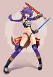  animal_ears armor bikini_armor braid cameltoe cygnus_(cygnus7) dual_wielding elbow_gloves fang fighting_stance gloves highres holding matsuhime_mujina midriff navel pigeon-toed ponytail purple_eyes purple_hair raccoon_ears raccoon_tail shadow shinrabanshou signature single_braid solo sword tail weapon 