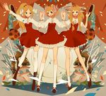  bad_id bad_pixiv_id blonde_hair blue_eyes blush bug dress hair_ornament highres holding_hands insect ladybug long_hair multiple_girls mushroom open_mouth original ponytail short_hair smile socks sunaya thighhighs 