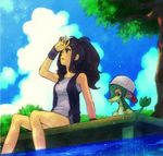  arm_at_side arm_support backwards_hat bad_id bad_pixiv_id bare_legs bare_shoulders black_hair borrowed_garments breasts brown_hair cloud day gen_5_pokemon hand_on_forehead hand_up hat headwear_removed high_ponytail hot kaketa light_particles long_hair looking_down looking_up medium_breasts pokemon pokemon_(creature) pokemon_(game) pokemon_bw sitting sky sleeveless snivy soaking_feet sweatband touko_(pokemon) tree vest water water_surface white_hat wristband 