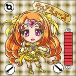 1girl boots bow brown_background character_name chibi circlet cure_muse_(yellow) dress earrings hair_ribbon heart jewelry long_hair lowres magical_girl orange_hair precure purple_eyes ribbon shirabe_ako smile solo suite_precure yellow_dress 
