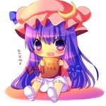  bloomers blush book chibi chocolat_(momoiro_piano) crescent dress hair_ribbon hat long_hair musical_note open_mouth patchouli_knowledge pink_dress purple_eyes purple_hair ribbon sitting smile solo touhou translated underwear upskirt 