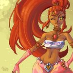  dark_skin gerudo gold_eyes jewelry lots_of_jewelry lowres midriff nabooru ocarina_of_time orange_hair smile solo the_legend_of_zelda the_legend_of_zelda:_ocarina_of_time yellow_eyes 