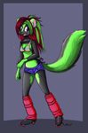  breasts cleavage clothed clothing female fluffy_tail green green_belly green_hair green_markings hair leg_warmer legwear looking_at_viewer mammal markings nalem pink_hair plain_background rollerskates shorts skate skimpy skunk solo swimsuit tail 