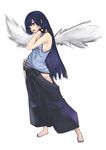  angel_wings bare_shoulders barefoot blue_eyes blue_hair fingerless_gloves full_body gloves hakama hand_on_hip hand_on_own_neck highres japanese_clothes long_hair nail_polish panty_&amp;_stocking_with_garterbelt riftgarret solo stocking_(psg) tank_top wings 