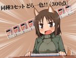  animal_ears bar_censor blush brown_eyes brown_hair censored cropped_jacket crossover doraemon doraemon_(character) green_shirt jacket kadomaru_misa mahjong mahjong_tile military military_uniform null_(nyanpyoun) open_mouth shirt short_hair sweater tail translation_request turtleneck uniform world_witches_series 