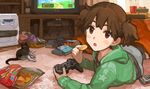  :o bad_id bad_pixiv_id brown_eyes brown_hair cat chips controller food game_console game_controller k-on! lying on_stomach playstation_3 potato_chips short_hair short_twintails solo suzuki_jun tomohi twintails 
