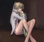  artoria_pendragon_(all) avalon_(fate/stay_night) barefoot blonde_hair bottomless fate/stay_night fate/zero fate_(series) green_eyes hair_ribbon long_hair no_pussy open_clothes open_shirt ribbon riftgarret saber sheath shirt solo 