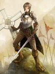  androgynous armor banner boots brown_eyes brown_hair cape cross fantasy gloves mosa-mosa mound pants polearm spear sword weapon 